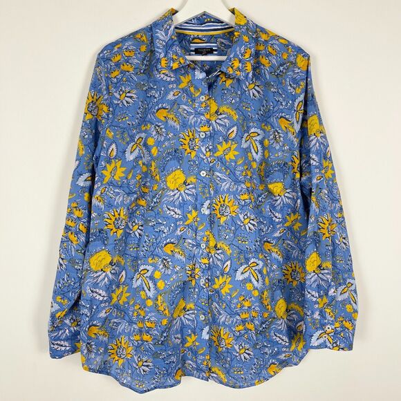 Talbots Button Up Shirt Size 2X Collared Blue Yellow Watercolor Botanical Cotton - Picture 3 of 12